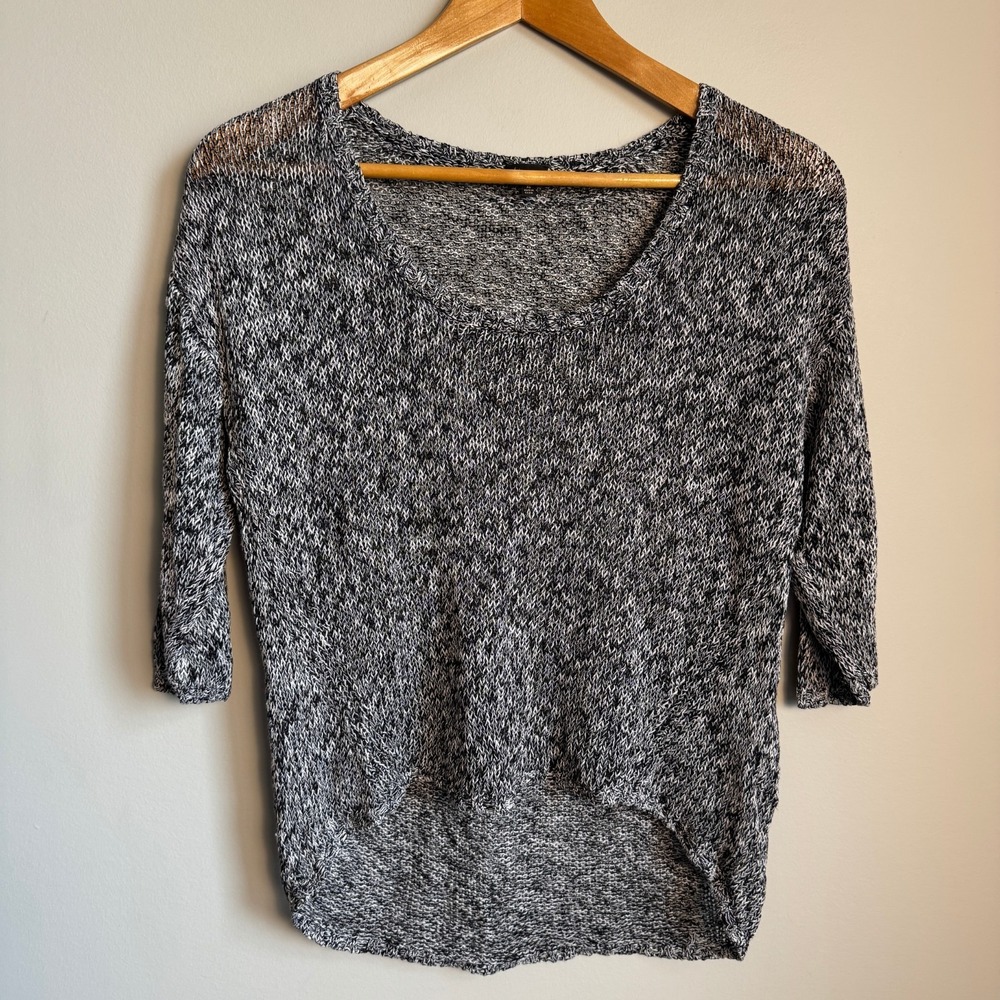 T. Babaton Womens Linen & Silk 3/4 Sleeve Sheer Sweater Black & White XS Cropped